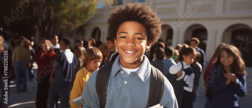  African American schoolboy with a joyful smile, clutching textbooks on his first day back at school, with other students and the school building in the background.