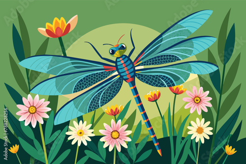 A dragonfly resting on a wildflower illustration