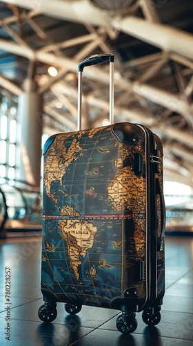 A suitcase with a global map design, symbolizing the interconnectedness of travel, in an airport setting
