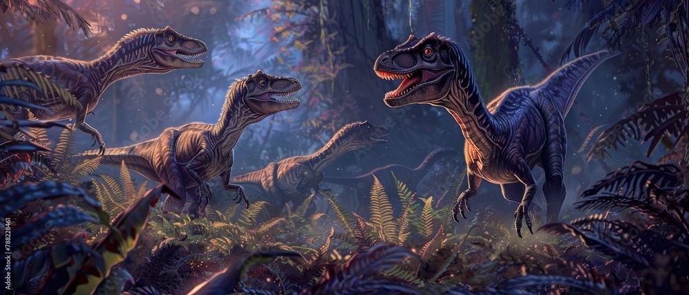 A pack of Velociraptors stealthily moving through a dense fern underbrush in twilight - obrazy, fototapety, plakaty 