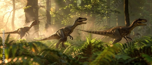 A pack of Velociraptors stealthily moving through a dense fern underbrush in twilight © Pungu x