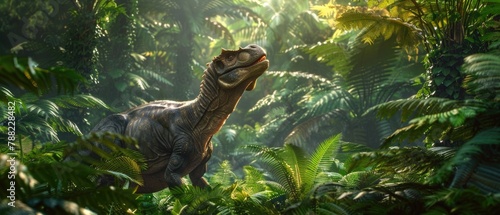 A Parasaurolophus calling out to its herd among a dense patch of giant ferns © Pungu x