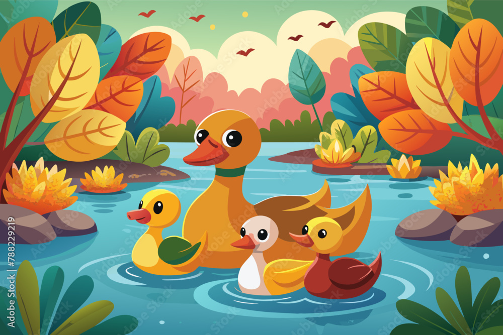 Naklejka premium A family of ducks floating down a gentle river on colorful leaves