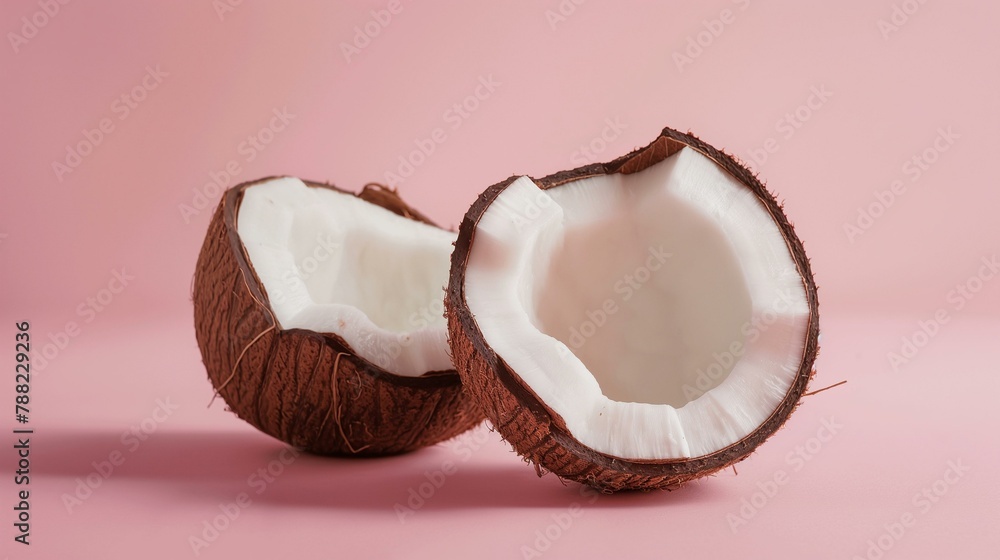 Fresh Coconut Halves on Pink Background, Perfect for Healthy Lifestyle and Diet Concepts Fresh Coconut Halves on Pink Background, Perfect for Healthy Lifestyle and Diet Concepts