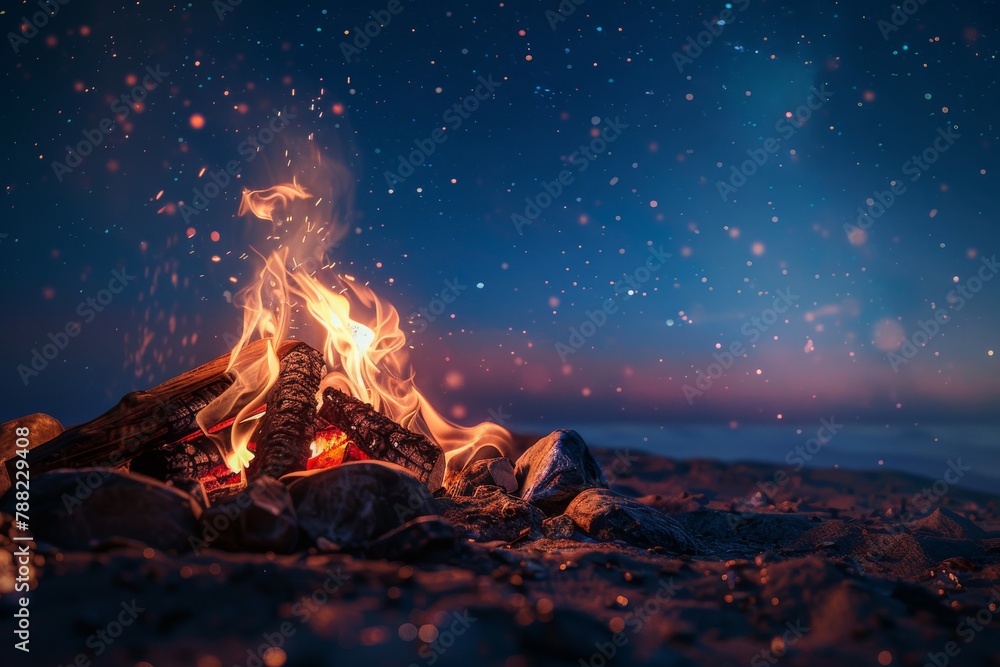 A cozy campfire burning under starry sky A cozy campfire burning under starry sky