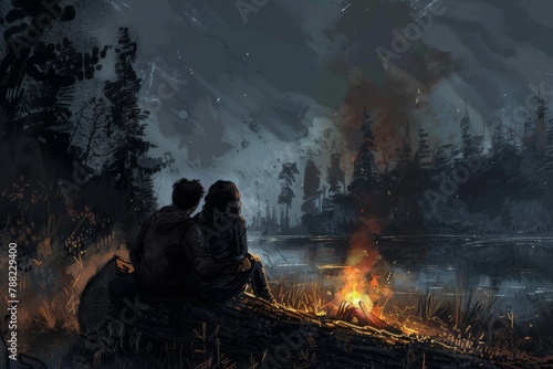 A couple snuggled by a fading campfire, watching the last embers burn out. Illustration