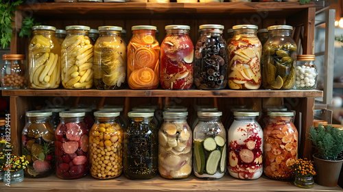 A shelf full of jars with various foods inside. The jars are organized by type and colour. The shelf is made of wood and is located in the kitchen