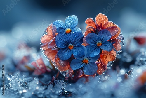 Dual-toned flowers arranged into a heart, contrasting with the frosty surface beneath them