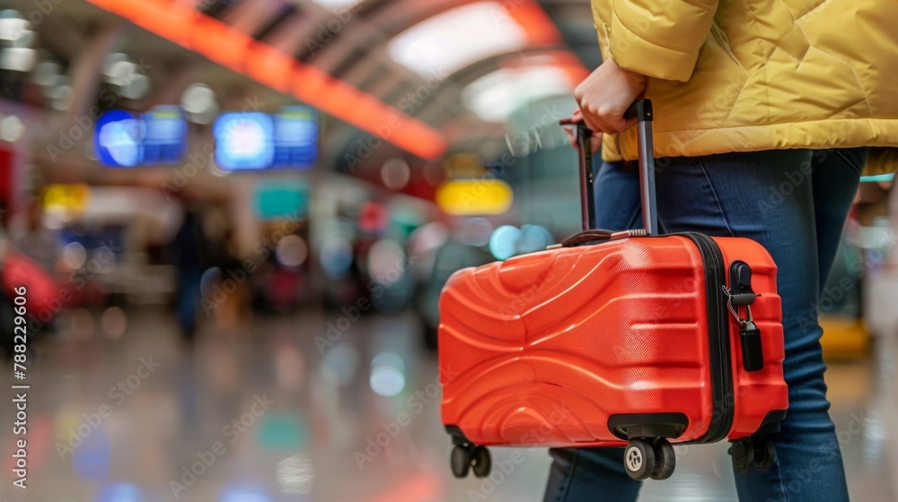Fototapeta premium A person walking with a red suitcase in an airport, AI