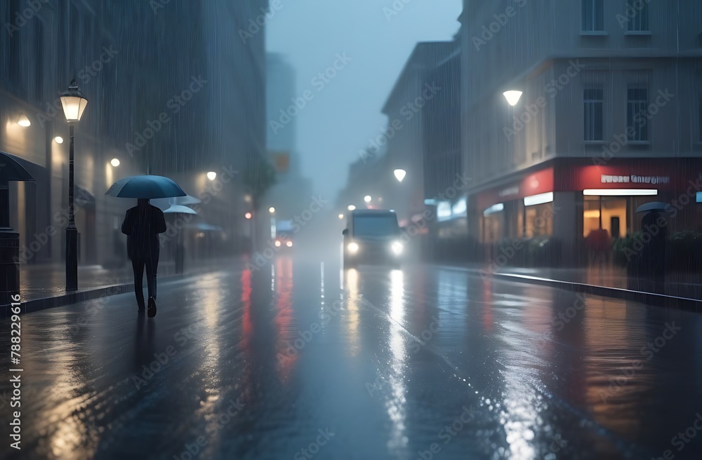 people walking in the city, Heavy rain in a modern city, strong wind
