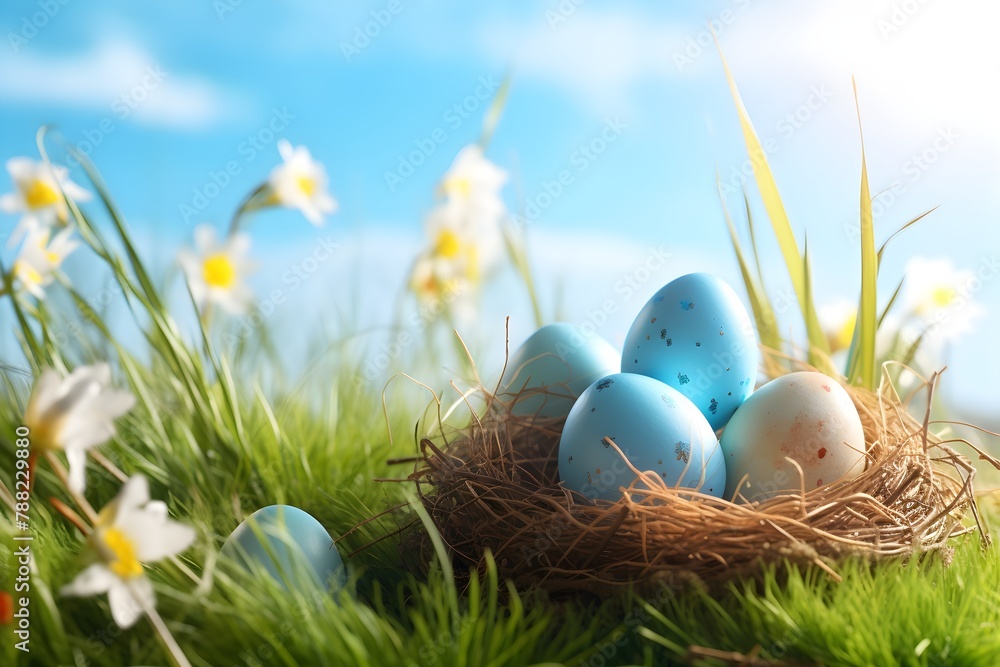 Obraz premium Nest with easter eggs in grass on a sunny spring day - Easter decoration, banner, panorama, background invitation card blue sky daisies 