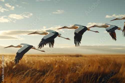 A flock of storks flying in a V formation over a golden field, symbolizing freedom and migration