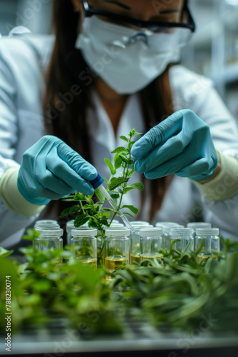 Researcher engaging in the study of natural pharmaceuticals, exploring green herbal medicine in a laboratory setting