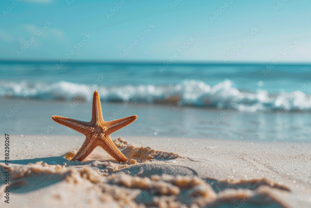 Starfish resting on sandy shores with the vast ocean serving as a picturesque backdrop, epitomizing summer vibes Starfish resting on sandy shores with the vast ocean serving as a picturesque backdrop, epitomizing summer vibes