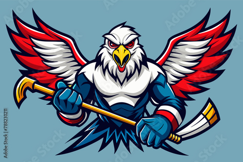 A fierce eagle with outstretched wings clutching a hockey stick