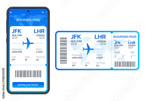 Mobile boarding pass. Digital or electronic plane ticket. Airplane ticket in the phone. Online booking by smartphone concept. Vector illusttation. photo