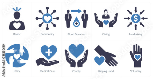 A set of 10 charity and donation icons as donor, community, blood donation