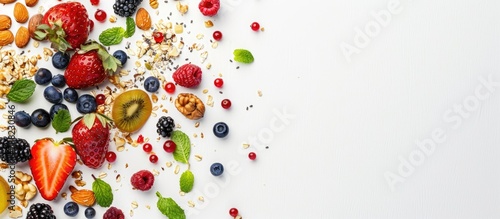A healthy food concept featuring breakfast consisting of muesli, fruits, berries, and nuts on a white background, captured in a flat lay with top view and copy space.
