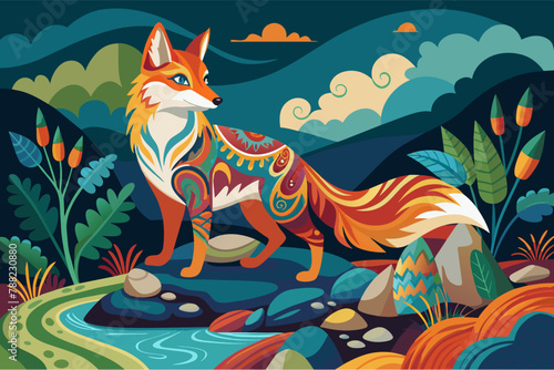 A fox painting colorful patterns on river rocks