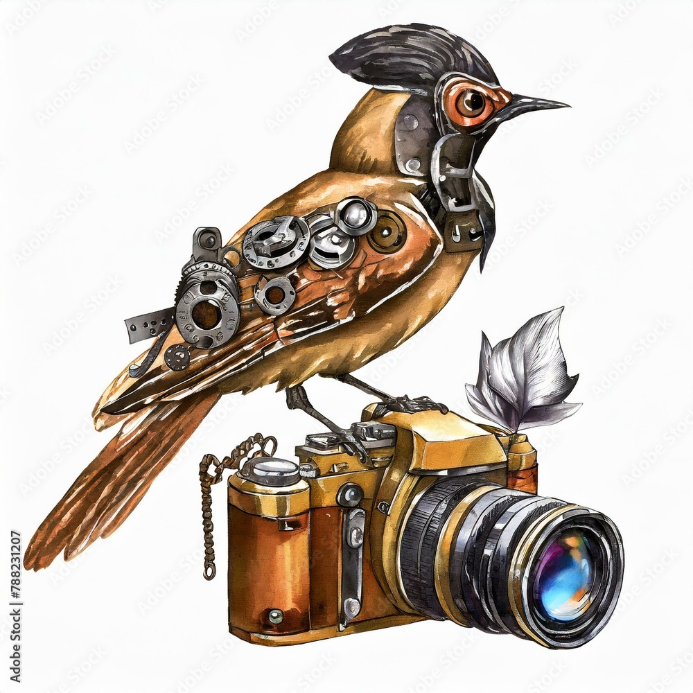 ptak steampunk aparat fotograficzny - obrazy, fototapety, plakaty 