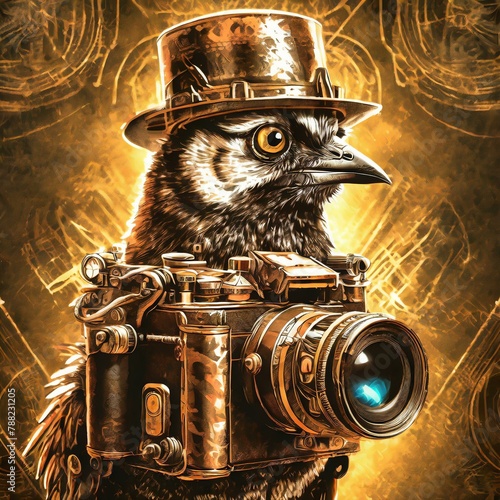 ptak w kapeluszu z aparatem fotograficznym złote brązowe