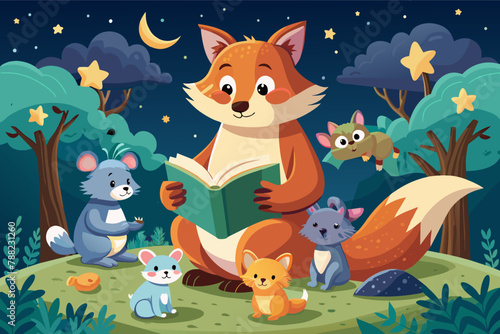 A fox reading a bedtime story to baby animals