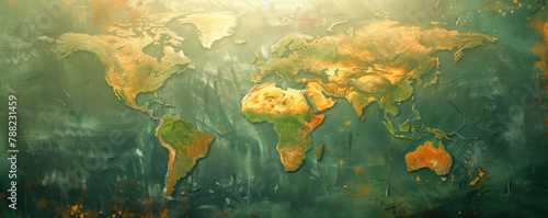 Abstract background of the world map in vibrant colors on the wall. Concept of wallpaper and banner. © LeManna