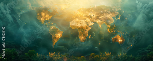 Abstract background of the world map in vibrant colors on the wall. Concept of wallpaper and banner. photo