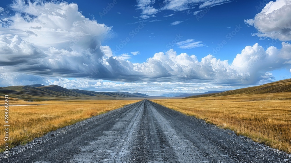 Fototapeta premium A dirt road in a grassy field with clouds overhead, AI