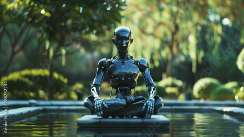 Futuristic Robot sitting in Meditation in a Zen Garden