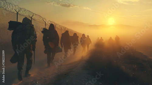 A crowd of refugees crosses the border. their belongings seeking safety and a better life. Concept Refugee crisis, Human rights, Displacement, Hopeful journey, International aid photo