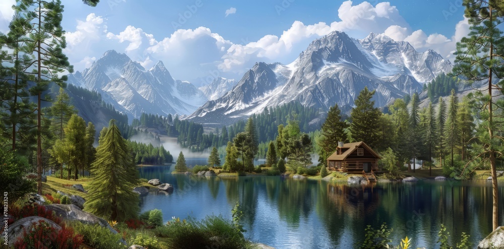 horizontal tranquil landscape with lake and mountains