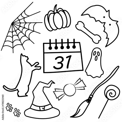 Halloween doodle set. Hand-drawn carved pumkin,skull, witch hat, potion, candies, lolipop, broom, ghost, calendar, coffin, , cauldron, candle, spider, bone, snake. Vector illustration