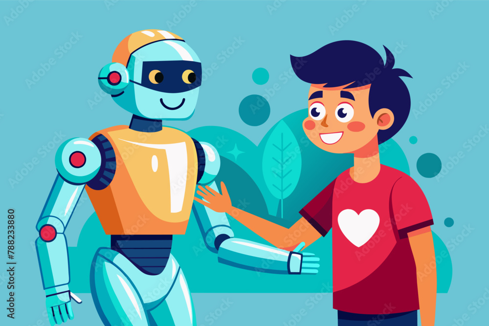 A humanoid robot interacting with a human in a friendly manner A humanoid robot interacting with a human in a friendly manner