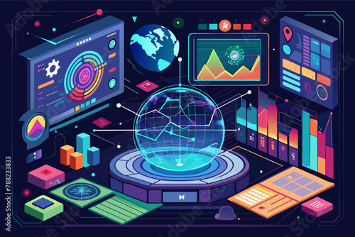 A holographic interface displaying complex data visualizations