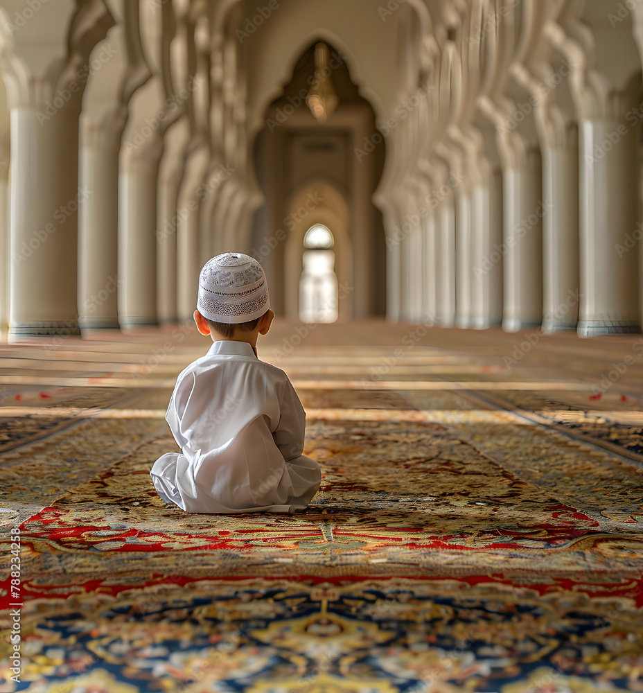 Little Muslim boy in a praye cap and Arabic clothes with rosary beads reading holy quran book praying to Allah, prophet Muhammad holy spirit religion symbol concept inside eastern traditional interior Little Muslim boy in a praye cap and Arabic clothes with rosary beads reading holy quran book praying to Allah, prophet Muhammad holy spirit religion symbol concept inside eastern traditional interior