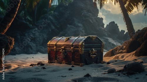 A pirate treasure chest, partially buried in the sands of a deserted island