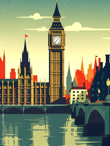 Drawing with London at sunset. Cartoon illustration with Big Ben.	