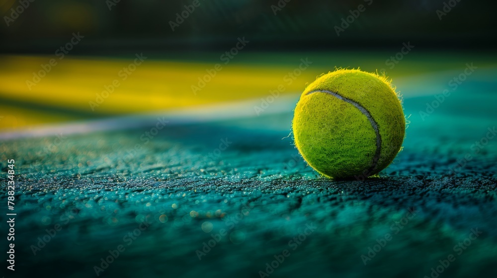 Yellow tennis ball on blue court