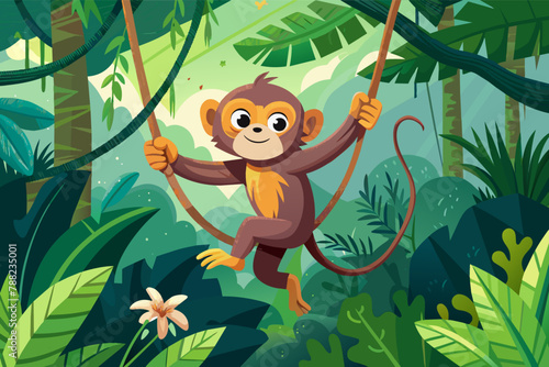 A monkey swinging through the jungle vines
