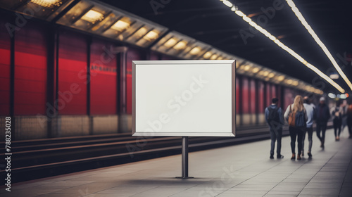 Blank advertising billboard in subway station mockup photography. Busy commuters walking by template advertising inside. Vibrant red wall promotional concept mock up photorealistic image