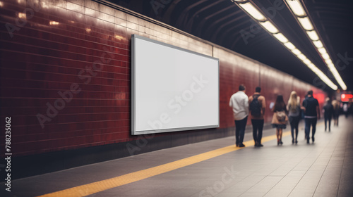 Subway station advertisement space mockup photography. Busy commuters in soft focus, template advertising inside. Transit ad promotional concept mock up photorealistic image