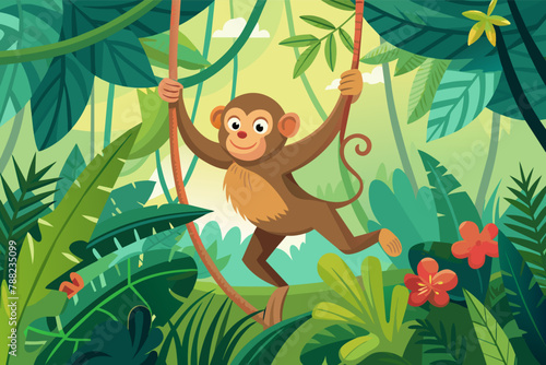 A monkey swinging through the jungle vines