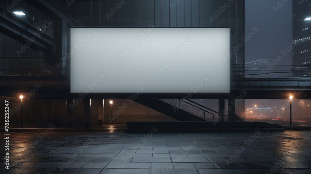Large billboard in misty urban night setting mockup photography. Walkway bridge hanging template advertising outdoors. Evening marketing promotional concept mock up photorealistic image Large billboard in misty urban night setting mockup photography. Walkway bridge hanging template advertising outdoors. Evening marketing promotional concept mock up photorealistic image