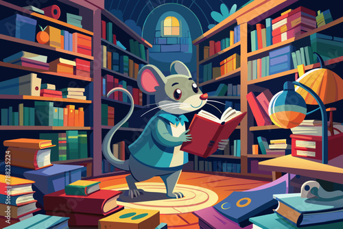 A mouse exploring a library of oversized books