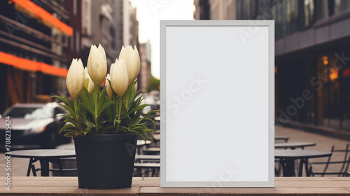 Blooming tulips, empty advertising frame mockup photography. Spring city sidewalk cafe template advertising outdoors. Small business promotional concept mock up photorealistic image #788235424