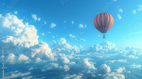 Colorful balloon gliding over cloud-covered landscape