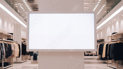 White billboard in brightly lit clothing store mockup photography. Racks of apparel. Blank template advertising inside. Shopping mall promotional concept mock up photorealistic image