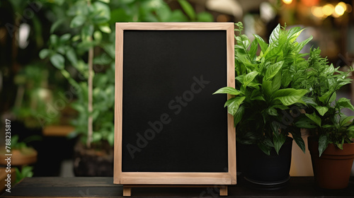 Blackboard surrounded by potted plants mockup photography. Farmers market. Menu sign template advertising outdoors. Small business promotional concept mock up photorealistic image