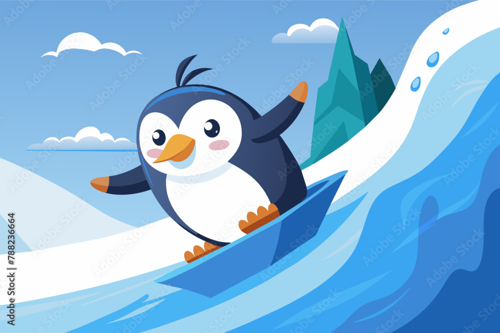 A penguin sliding joyfully down an icy hill A penguin sliding joyfully down an icy hill